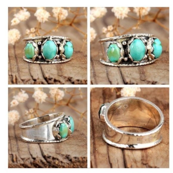 New! Silver Vintage Ring Moonstones Turquoise Ring - Picture 4 of 4